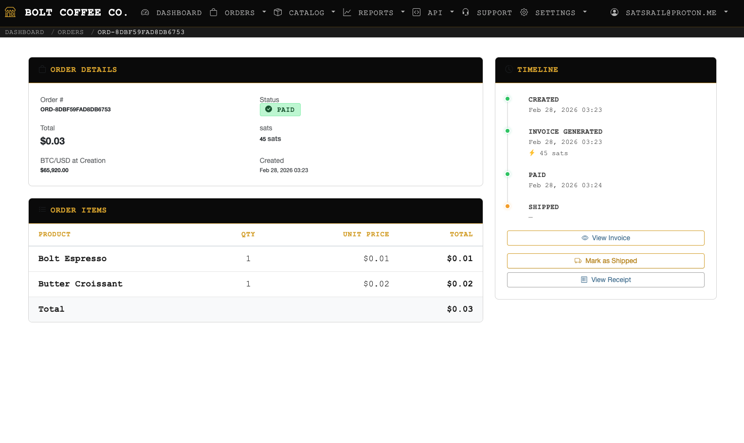 SatsRail merchant dashboard showing order details and timeline