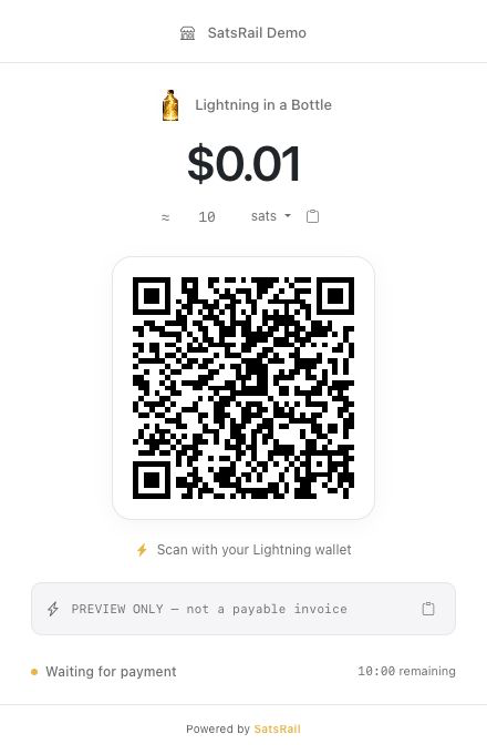 Checkout real de SatsRail con datos de ejemplo, no es una factura pagable.